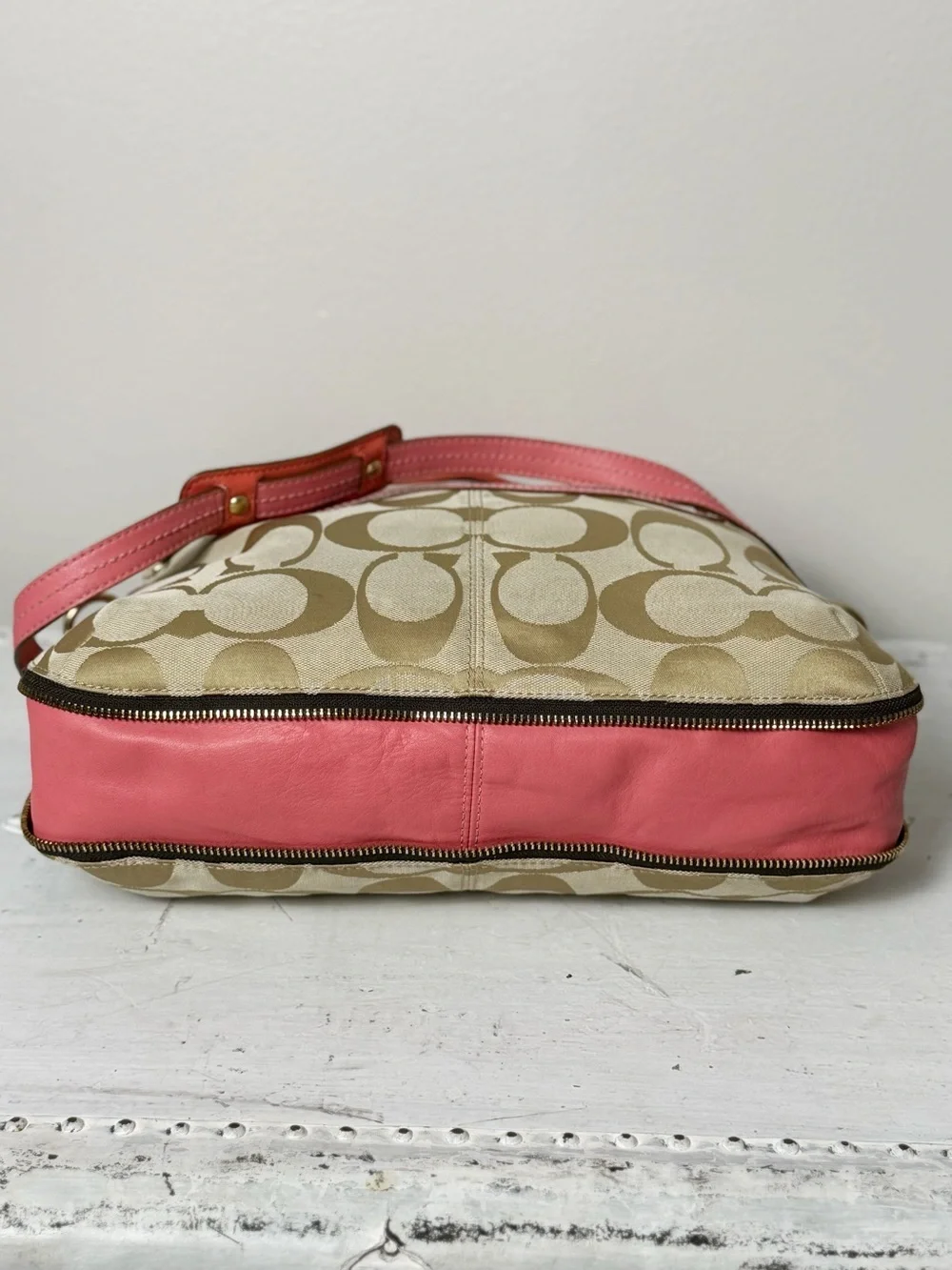 Coach Light Khaki/Coral Bonnie Signature Logo Print Fold Over Crossbody Bag 1339